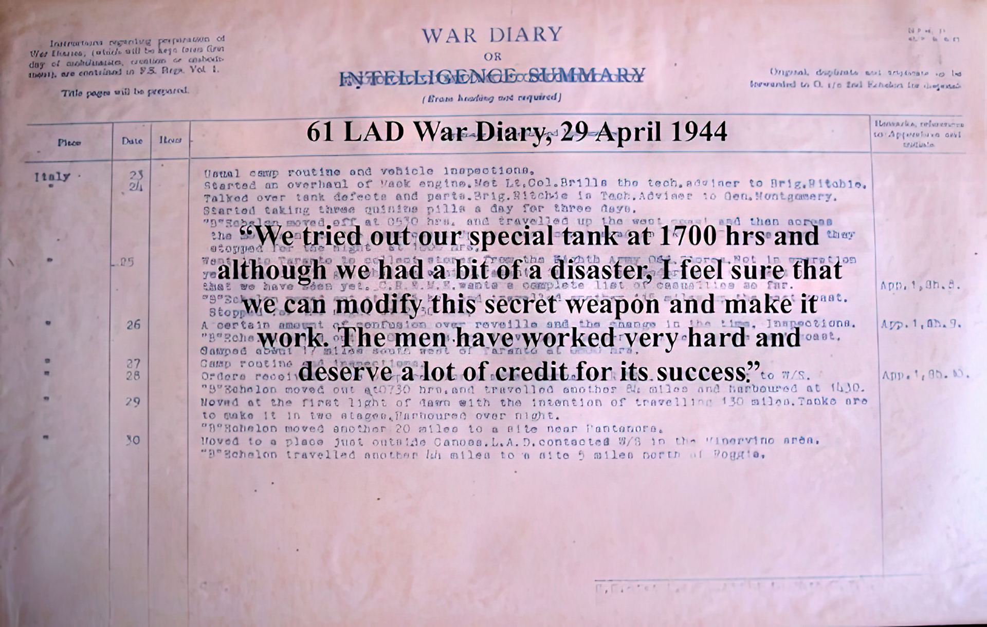 61 LAD War Diary, 29 April 1944