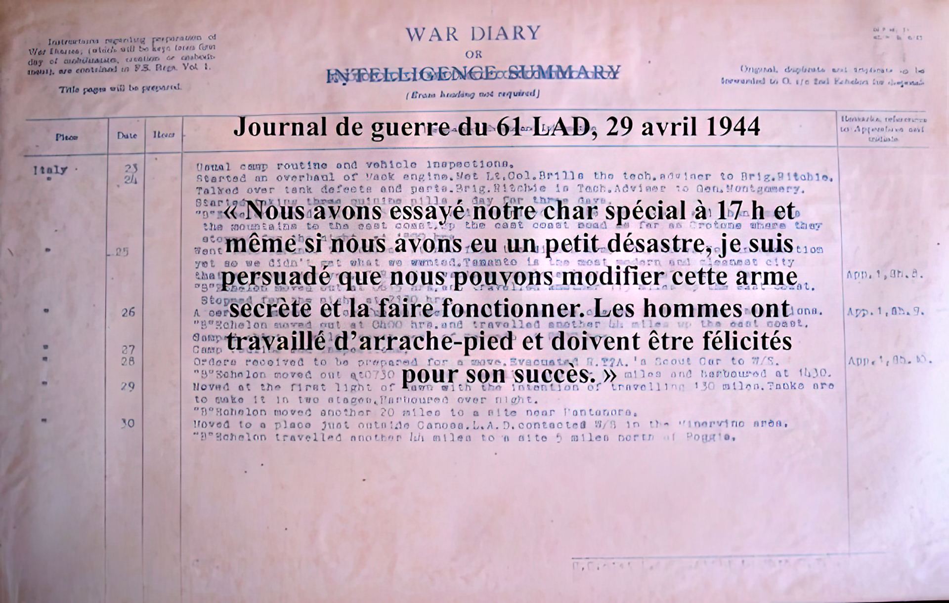 Journal de guerre du 61 LAD, 29 avril 1944
